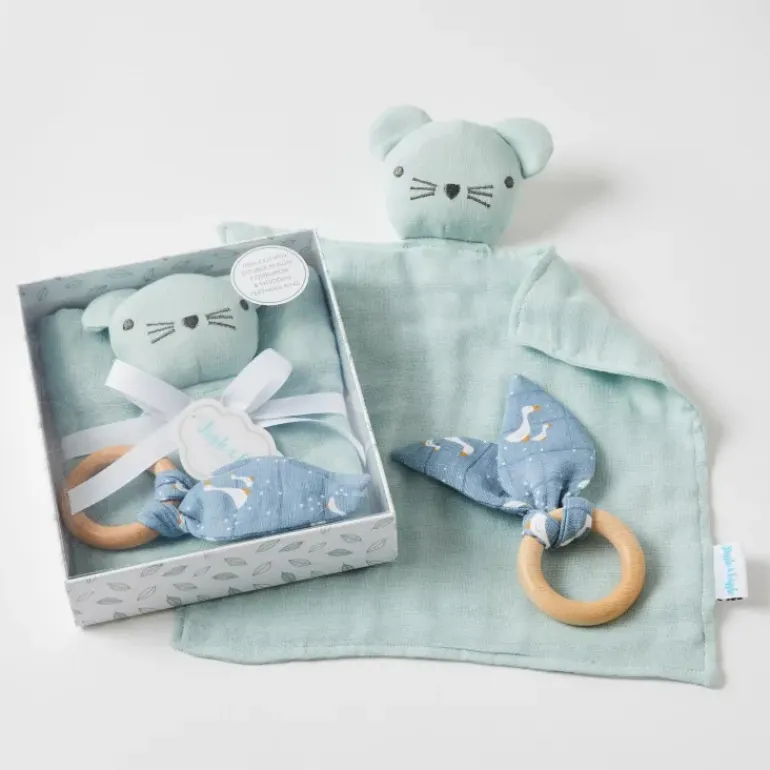 Pilbeam - Double Muslin Comforter & Teething Ring Misty Blue