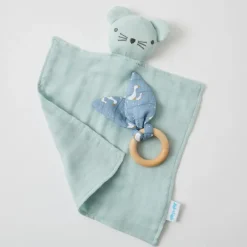 Pilbeam - Double Muslin Comforter & Teething Ring Misty Blue