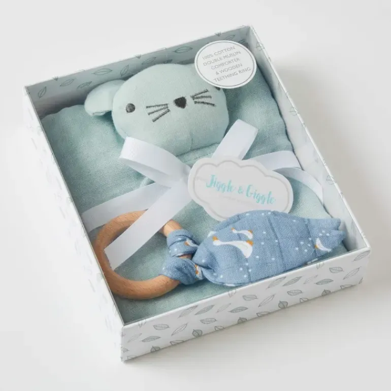 Pilbeam - Double Muslin Comforter & Teething Ring Misty Blue